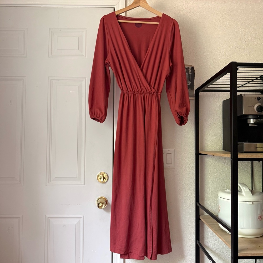 WILLIE & LOU salmon peach long sleeve surplice knit bamboo Lycra midi dress - Picture 1 of 7